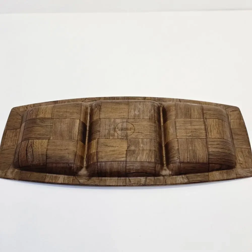 Stamped Weavewood Inc. Minneapolis Mid-Cent. Modern Wooden Divided Tray 14